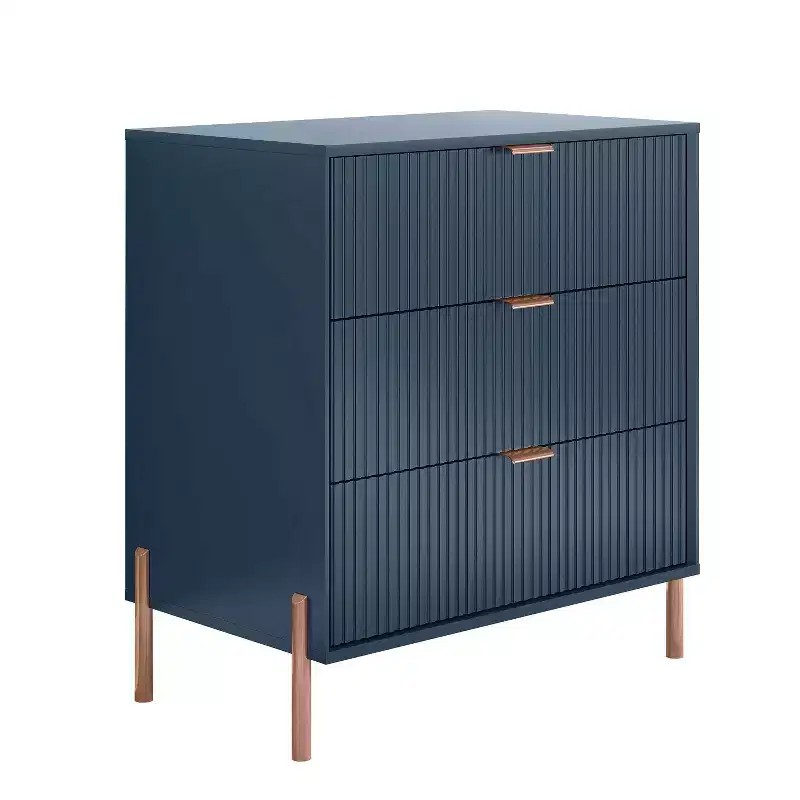 Festivo Lot de 3 tables de chevet 3 tiroirs et commode 3 tiroirs bleu marine au design moderne et élégant