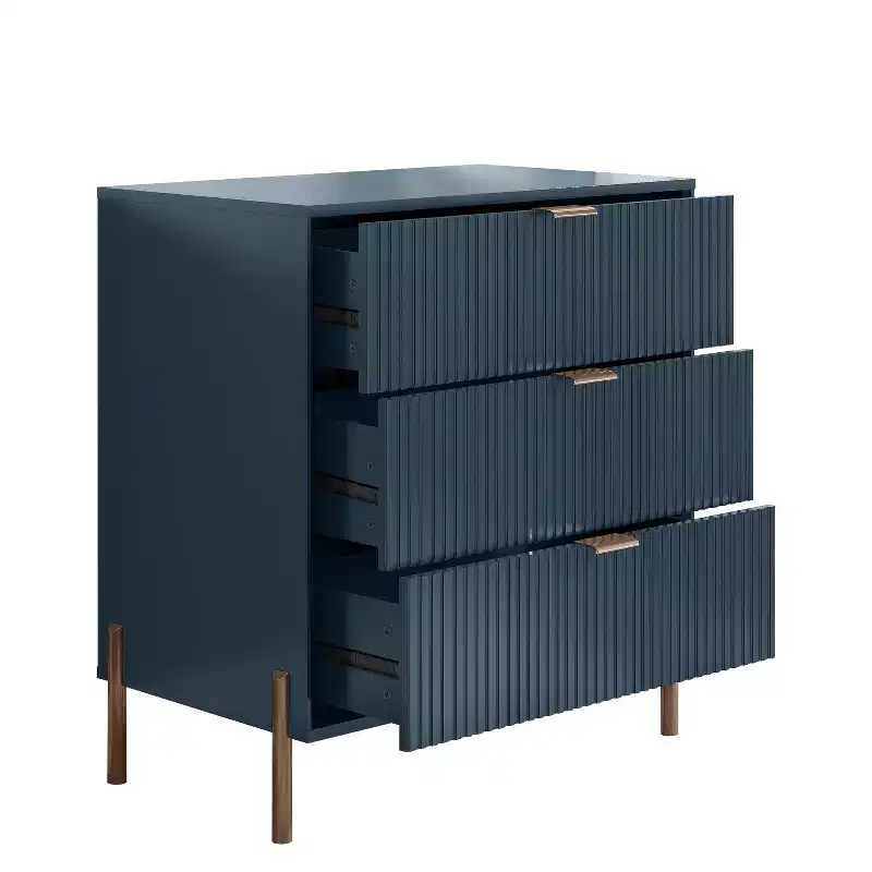 Festivo Lot de 3 tables de chevet 3 tiroirs et commode 3 tiroirs bleu marine au design moderne et élégant