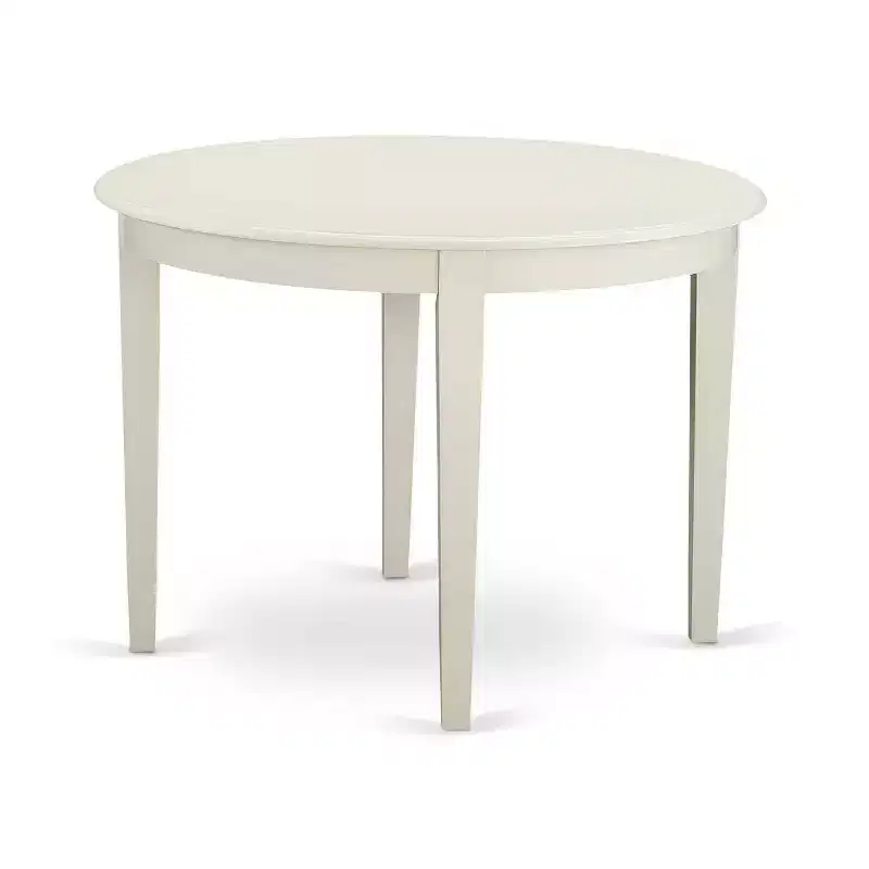 Ensemble de salle à manger 3 pièces HomeStock avec table ronde plateau bois massif finition blanc lin