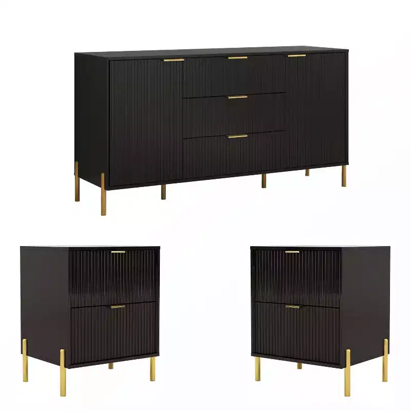 Festivo Ensemble de 2 tables de chevet à 2 tiroirs et d'une commode à 3 tiroirs, style moderne et élégant, couleur noire