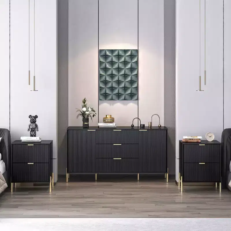 Festivo Ensemble de 2 tables de chevet à 2 tiroirs et d'une commode à 3 tiroirs, style moderne et élégant, couleur noire