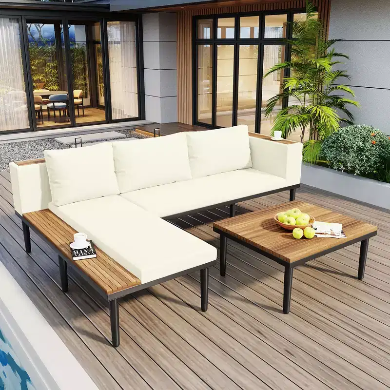 GDFStudio Nolan Ensemble de conversation de jardin moderne en bois d'acacia et métal en L avec table basse