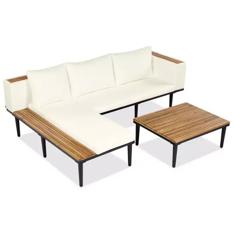 GDFStudio Nolan Ensemble de conversation de jardin moderne en bois d'acacia et métal en L avec table basse