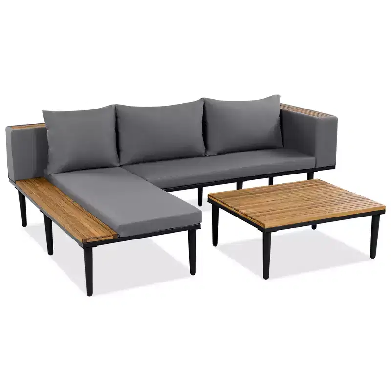 GDFStudio Nolan Ensemble de conversation de jardin moderne en bois d'acacia et métal en L avec table basse