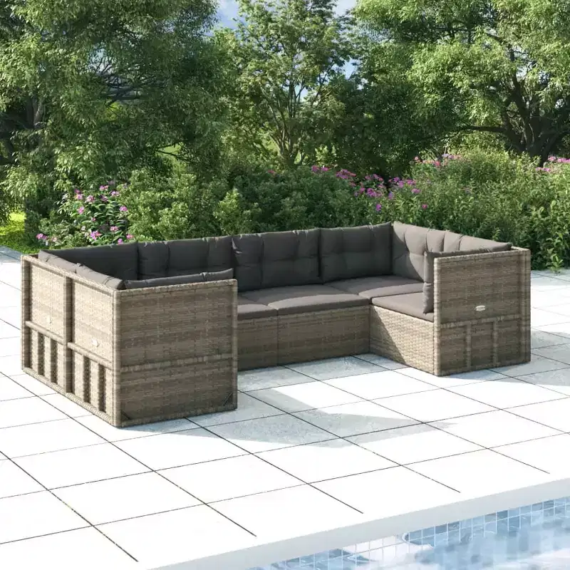 vidaXL Ensemble de Mobilier de Jardin - Canapé Sectionnel 6 Pièces en Résine Tressée Grise - Sièges Ajustables, Coussins Inclus