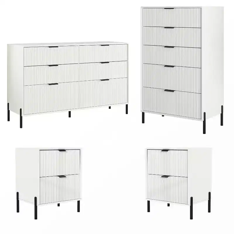 Ensemble de commode de chambre à coucher Festivo 4 pièces « Modern Elegance », une commode à 6 tiroirs et 2 tables de chevet à 2 tiroirs