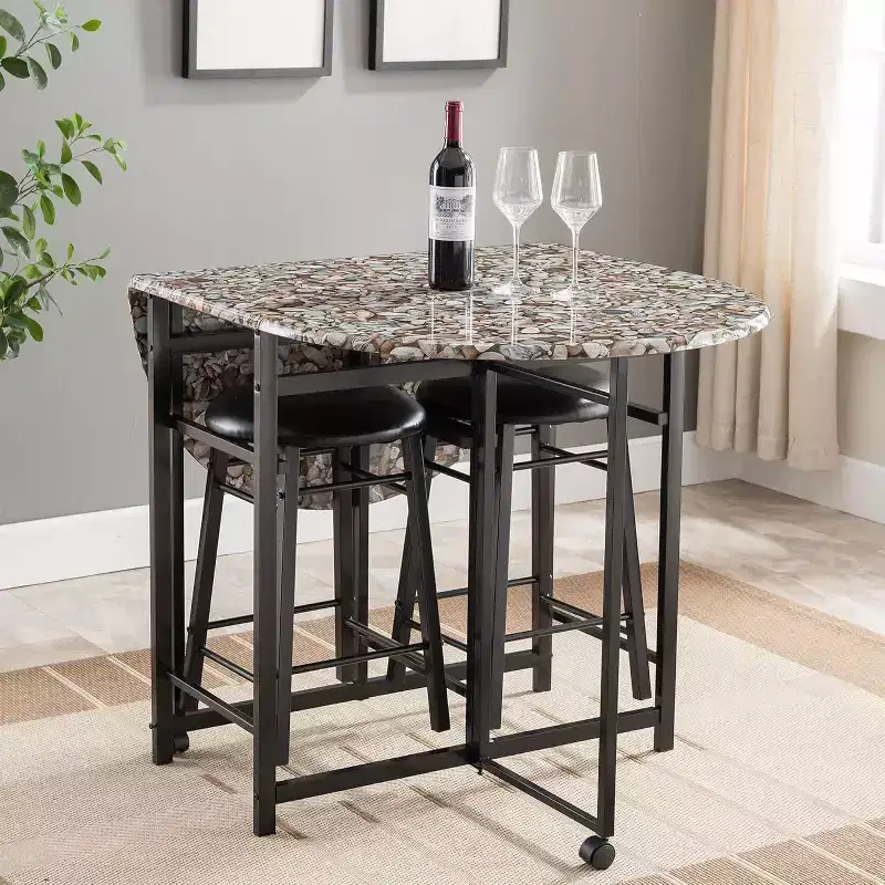 Kings Brand Furniture Ensemble de salle à manger 3 pièces Akins avec plateau de table imitation marbre et tabourets en similicuir à abattants