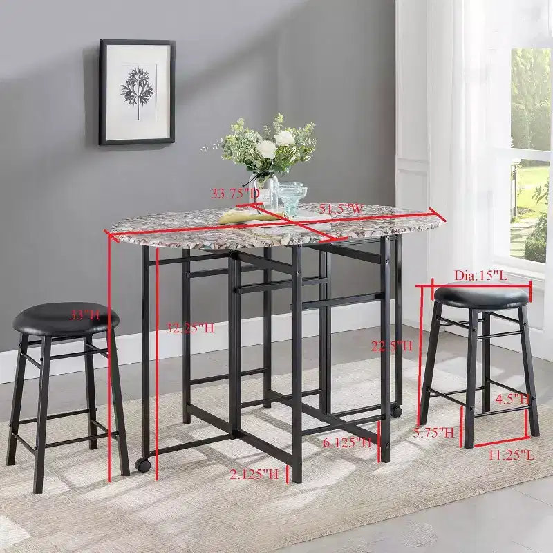 Kings Brand Furniture Ensemble de salle à manger 3 pièces Akins avec plateau de table imitation marbre et tabourets en similicuir à abattants