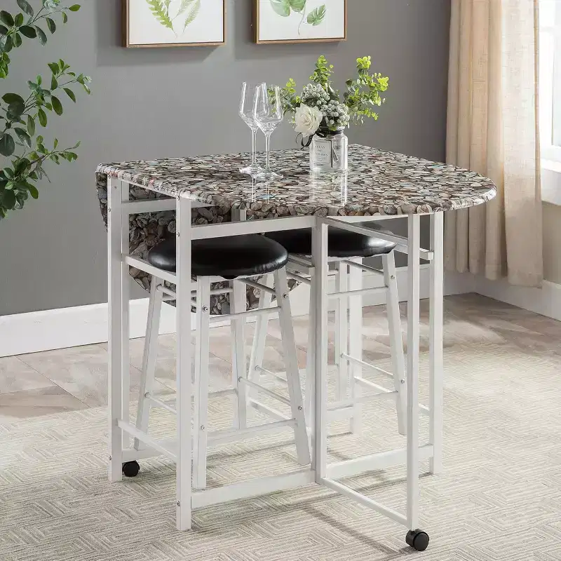 Kings Brand Furniture Ensemble de salle à manger 3 pièces Akins avec plateau de table imitation marbre et tabourets en similicuir à abattants
