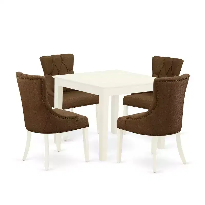 Ensemble de salle à manger carré 5 pièces HomeStock en bois massif finition blanc lin – Pour 4 personnes