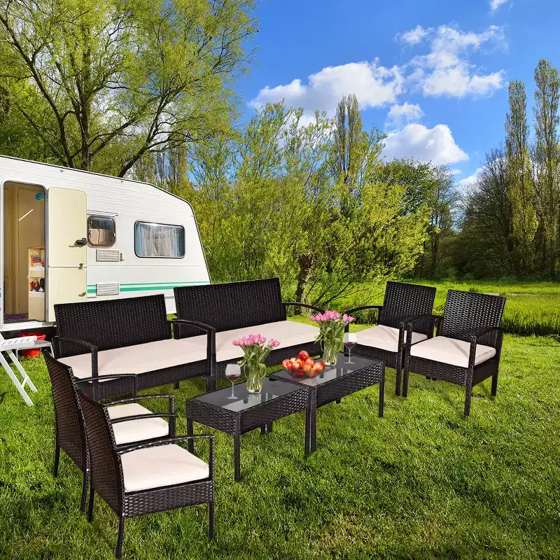 Costway Ensemble de Meubles de Conversation de Jardin en Rotin 8 Pièces avec Coussins et Table en Verre