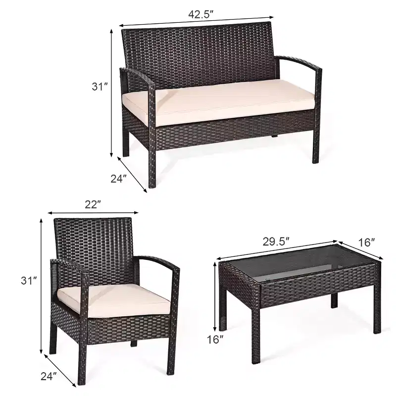 Costway Ensemble de Meubles de Conversation de Jardin en Rotin 8 Pièces avec Coussins et Table en Verre