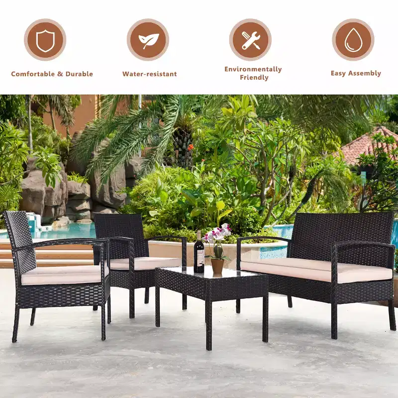 Costway Ensemble de Meubles de Conversation de Jardin en Rotin 8 Pièces avec Coussins et Table en Verre