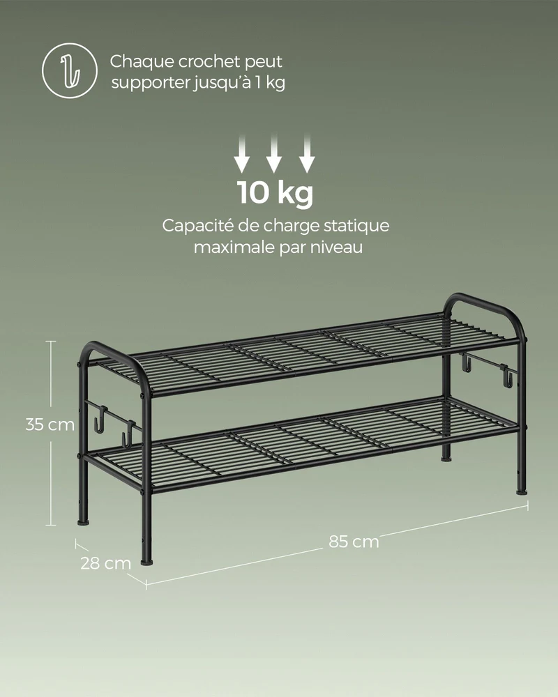 Étagère à chaussures réglable 28 x 85 x 35 cm pour 10 paires d'entrée couloir finition moderne en acier noir 12_0011595