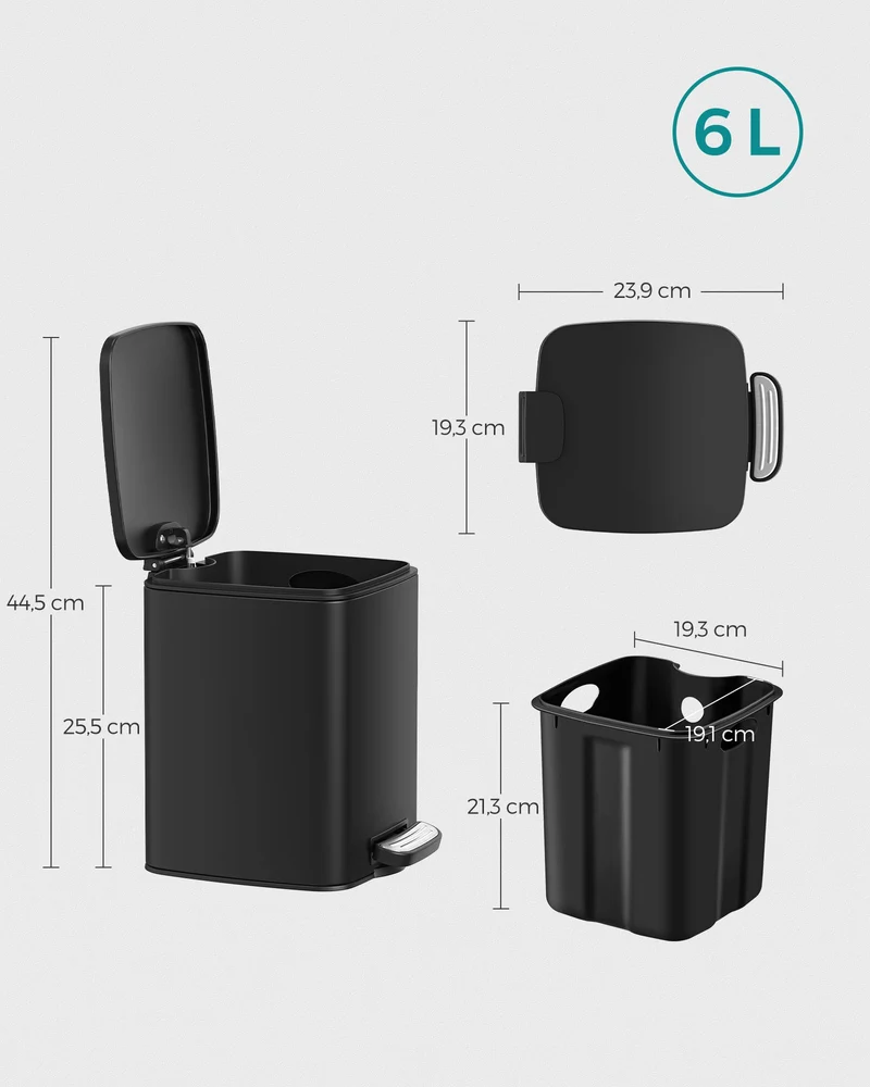 Poubelle de salle de bain à pédale 23,9 x 19,3 x 25,5 cm usage pratique design moderne en acier noir 12_0011088