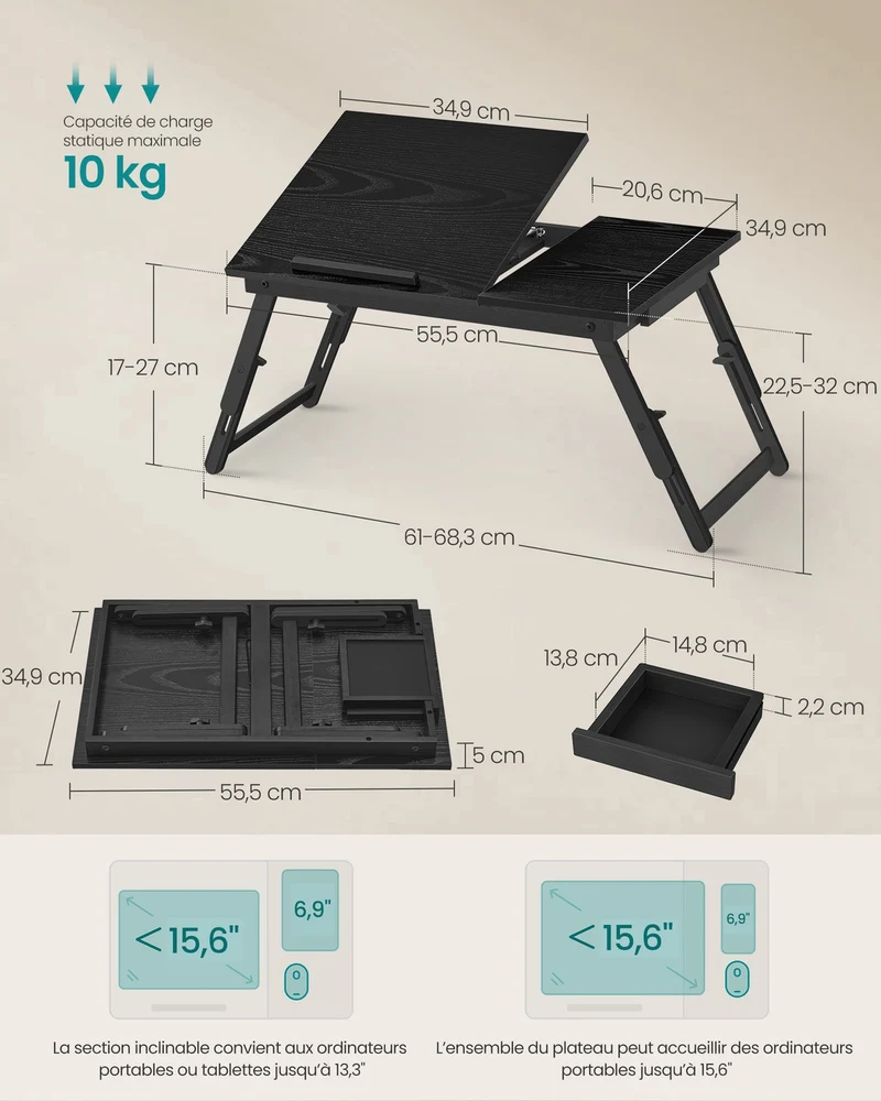 Table de lit pour ordinateur portable réglable 34,9 x 55,5 x 22,5-32 cm usage canapé style rustique en bambou noir boisé 12_0010004
