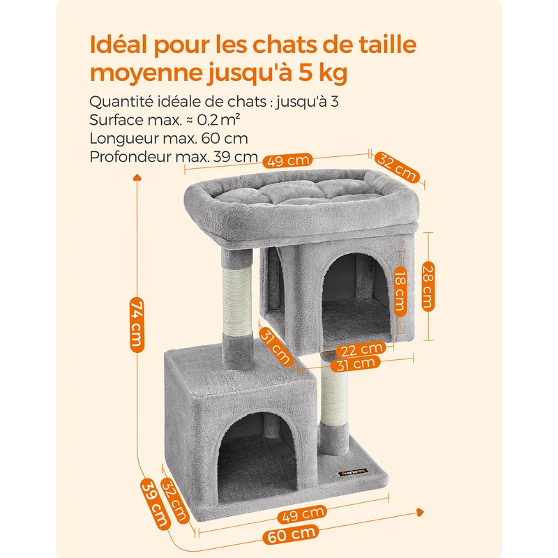 Arbre à chat colonne avec 2 niches confortables 49 x 32 x 74 cm en panneau d’aggloméré gris clair 12_0008086