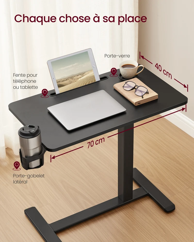 Bureau assis-debout mobile réglable en hauteur 70 x 40 x 102 cm avec porte-gobelets et fente tablette en acier noir 12_0012806