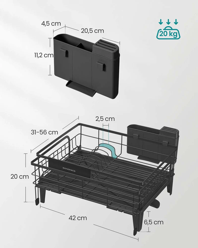 Égouttoir à vaisselle extensible 31-56 x 42 x 20 cm design pratique cuisine en acier noir 12_0012192
