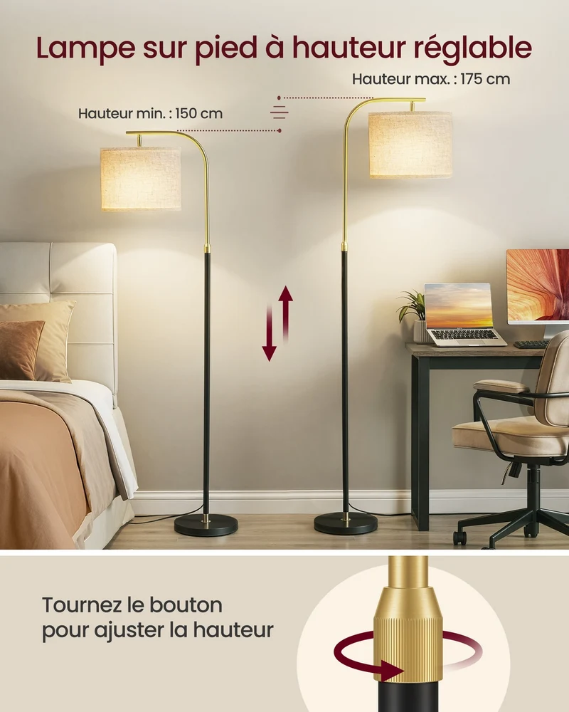 Lampadaire arc réglable hauteur 150 x 30 x 30 cm style moderne ambiance cosy en acier noir mat 12_0012128
