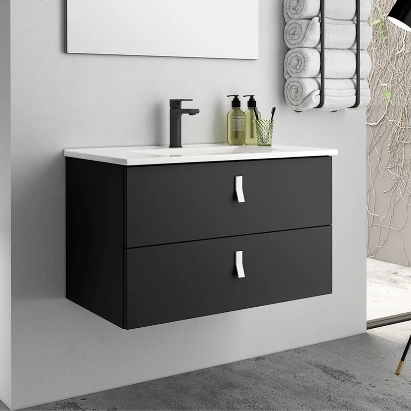 Mobile bagno sospeso 80 cm colore nero con 2 cassetti e lavabo incluso - Vitty
