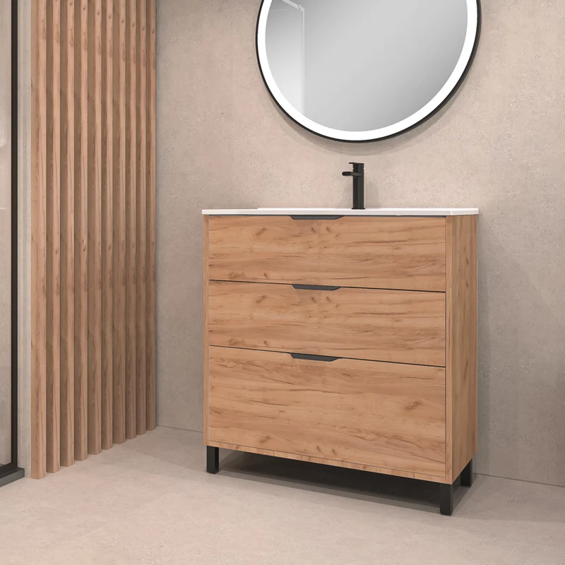 Mobile da bagno 80 cm con 3 cassetti e lavabo incluso colore rovere piedini neri - Albira