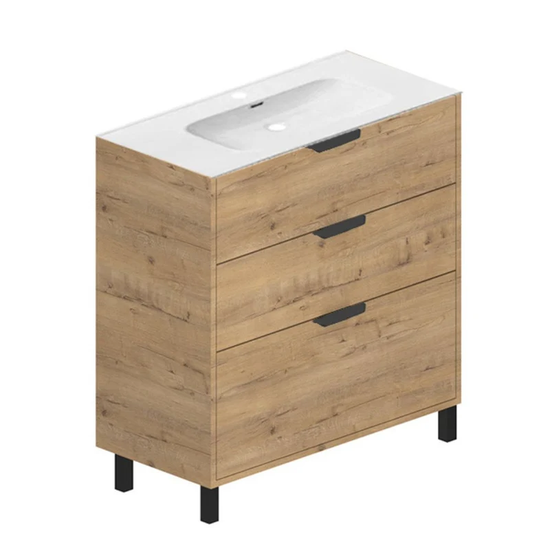 Mobile da bagno 80 cm con 3 cassetti e lavabo incluso colore rovere piedini neri - Albira