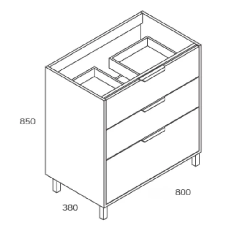 Mobile da bagno 80 cm con 3 cassetti e lavabo incluso colore rovere piedini neri - Albira