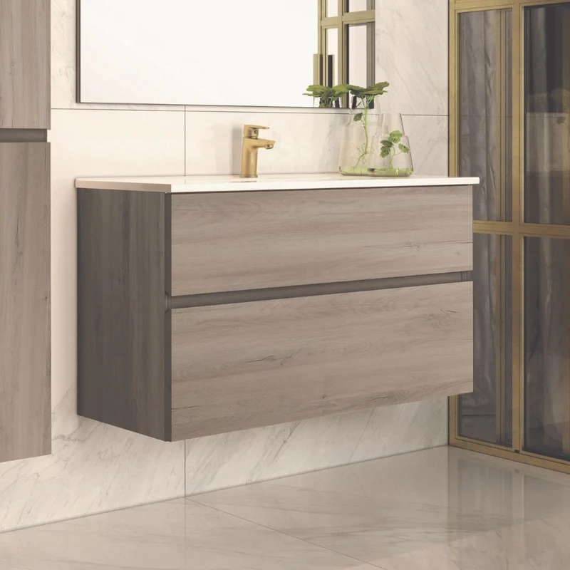 Mobile bagno sospeso 100 cm con 2 cassetti colore rovere grigio 100x45x59H cm - Mancys