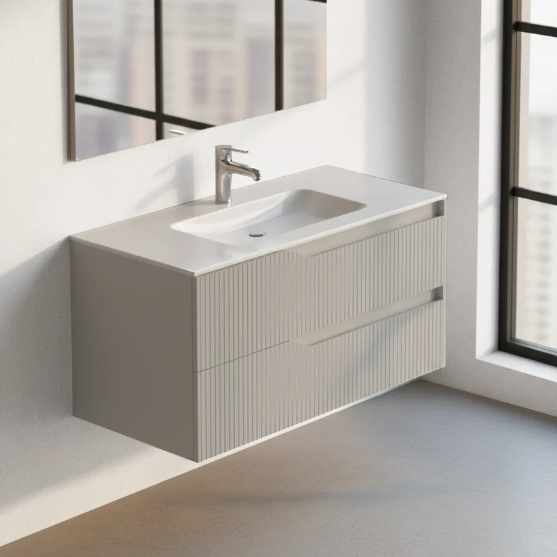 Mobile da bagno sospeso 100 cm colore cashmere opaco con cassetti effetto cannettato - Doifo