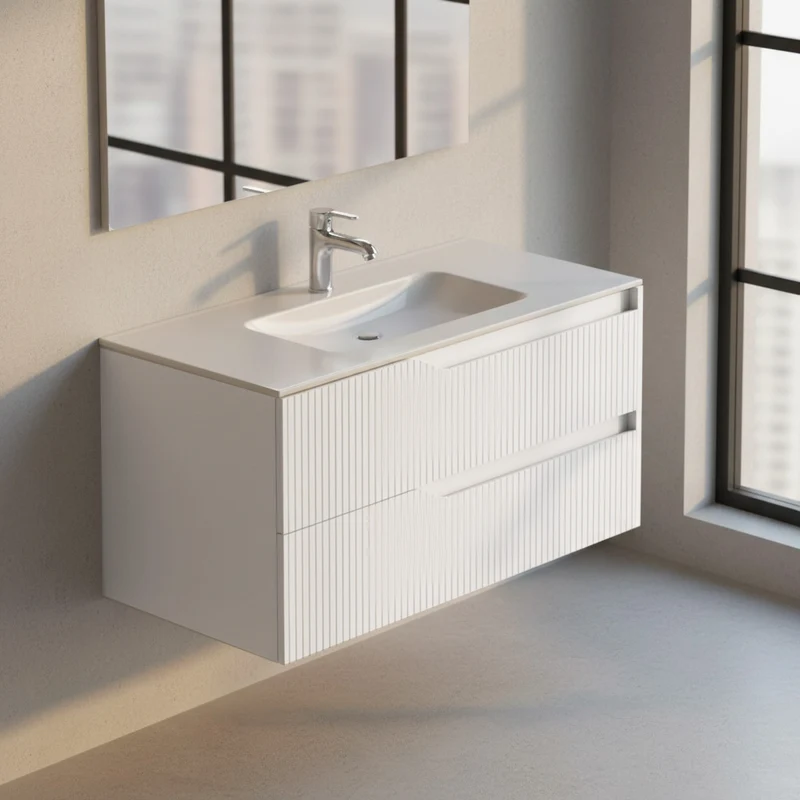 Mobile da bagno sospeso 100 cm colore bianco opaco con cassetti effetto cannettato - Doifo