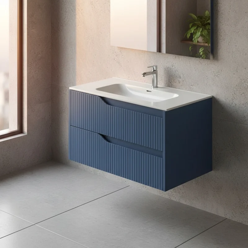 Mobile bagno sospeso colore azzurro opaco con cassetti effetto cannettato 80x45x50H cm - Gaper