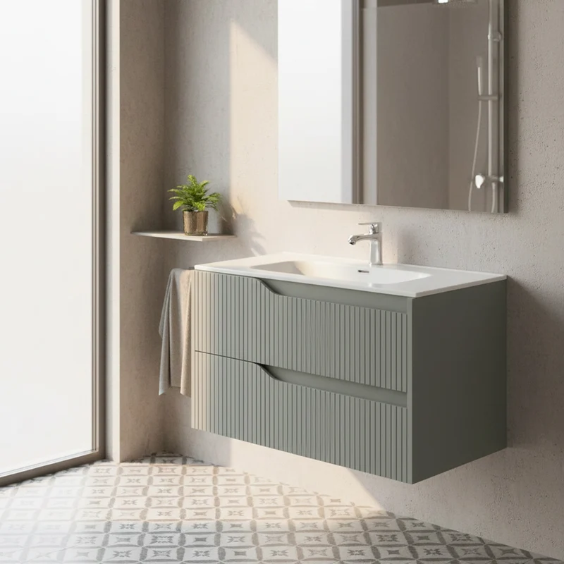 Mobile bagno sospeso colore verde opaco con cassetti effetto cannettato 80x45x50H cm - Gaper