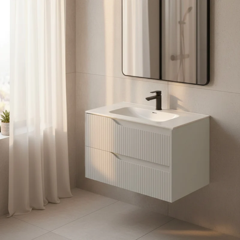 Mobile bagno sospeso colore cashmere opaco con cassetti effetto cannettato 80x45x50H cm - Gaper