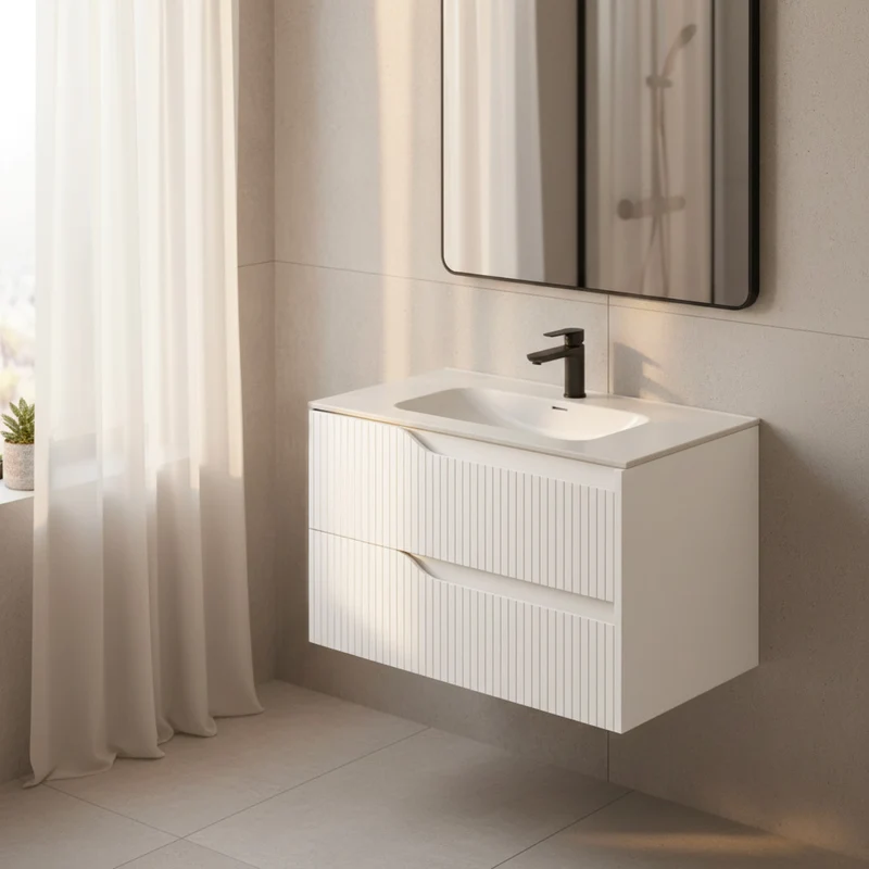 Mobile bagno sospeso colore bianco opaco con cassetti effetto cannettato 80x45x50H cm - Gaper
