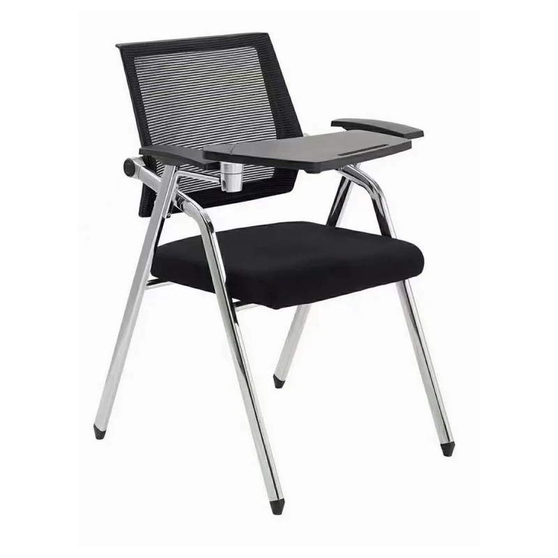 Sedia ufficio con tavolino ribaltabile e schienale in rete nero con gambe cromate - Loreto