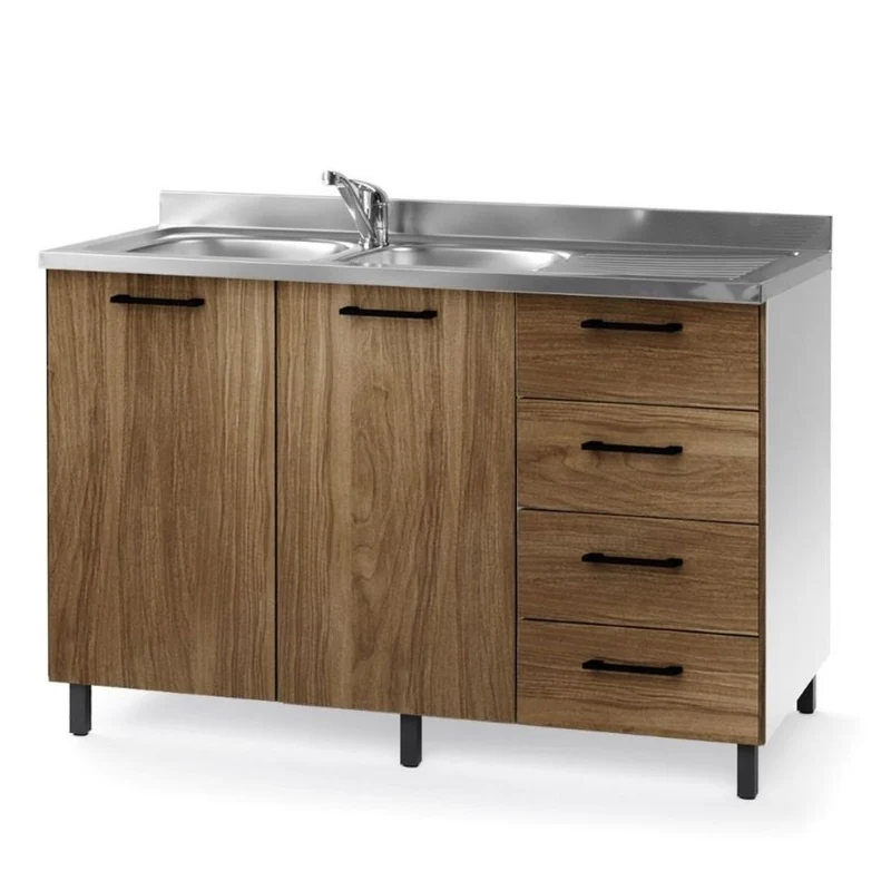 Mobile sottolavello con cassetti colore noce naturale e lavello incluso 120 cm destro