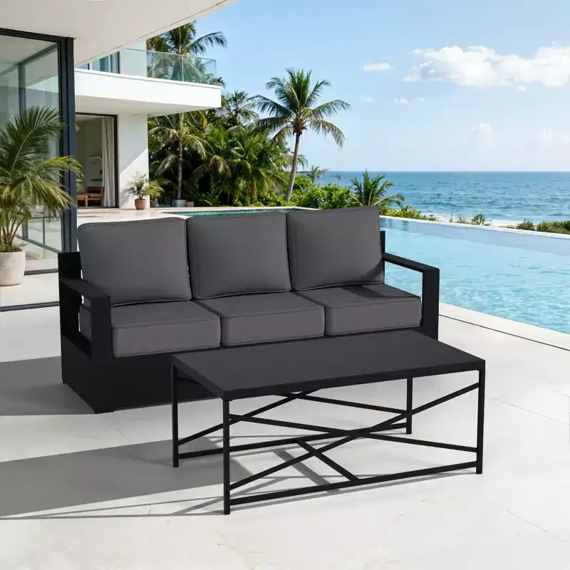 Ensemble canapé 3 places et table basse d'extérieur UPTIOT avec tissu résistant aux intempéries
