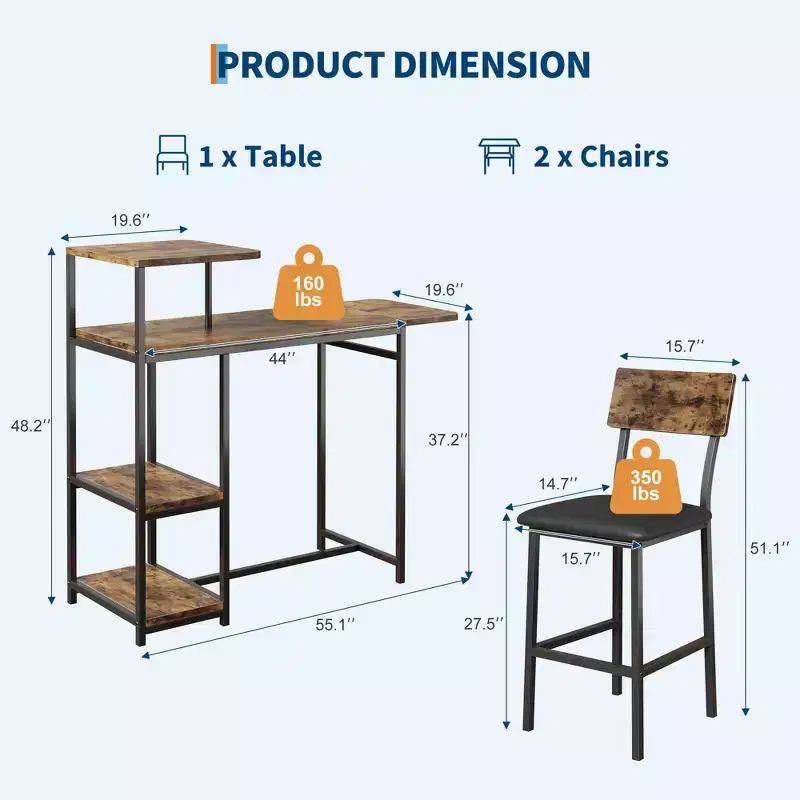 Ensemble table et chaises de salle à manger moderne GutoWave pour 2, ensemble table de bar extensible et 2 chaises 3 pièces