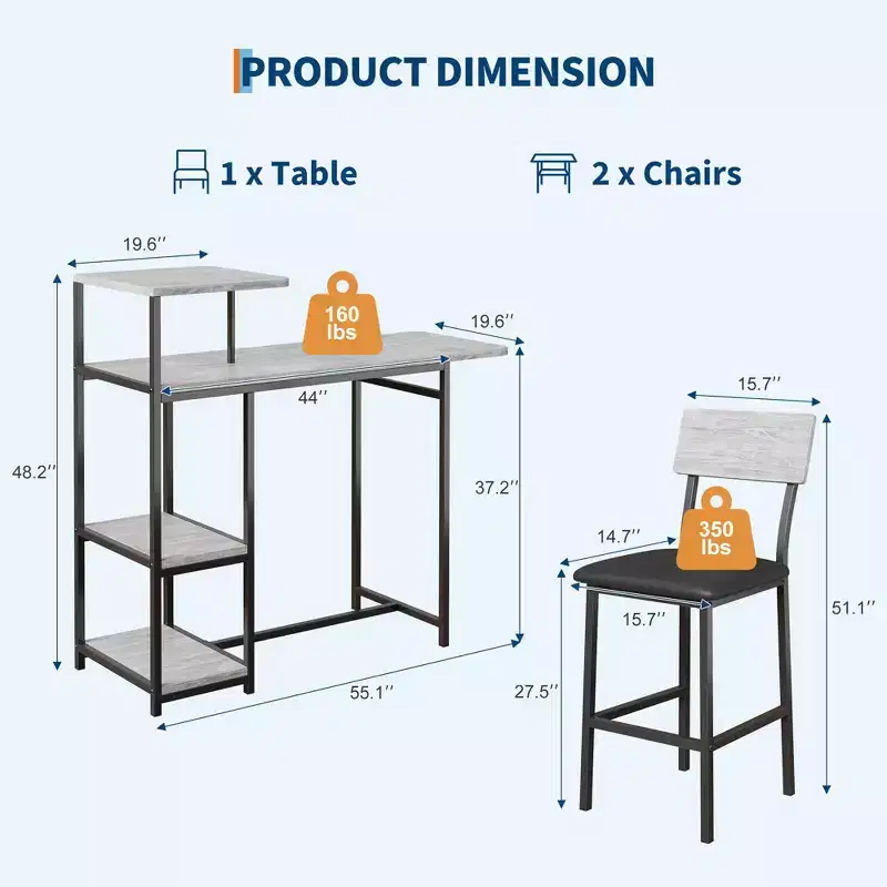 Ensemble table et chaises de salle à manger moderne GutoWave pour 2, ensemble table de bar extensible et 2 chaises 3 pièces