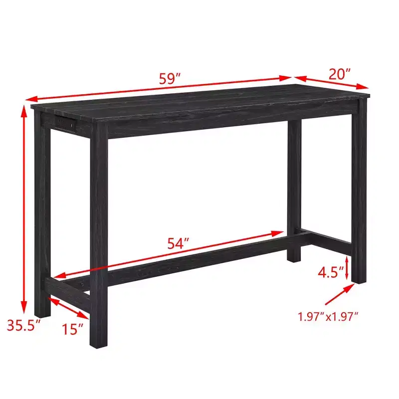 Ensemble de table à manger et de tabourets de bar Okak 4 pièces de style ferme pour cuisine, salle à manger, ensemble de table de petit-déjeuner en bois massif avec prise de courant