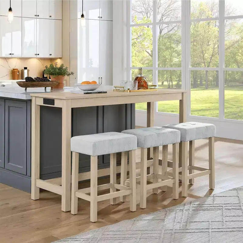 Ensemble de table à manger et de tabourets de bar Okak 4 pièces de style ferme pour cuisine, salle à manger, ensemble de table de petit-déjeuner en bois massif avec prise de courant