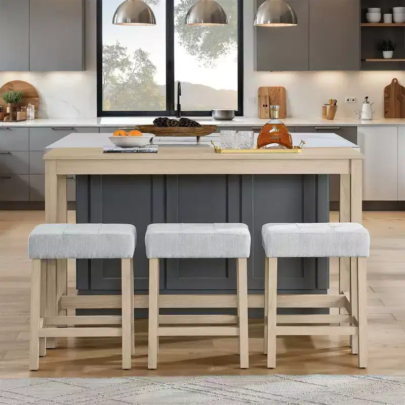 Ensemble de table à manger et de tabourets de bar Okak 4 pièces de style ferme pour cuisine, salle à manger, ensemble de table de petit-déjeuner en bois massif avec prise de courant