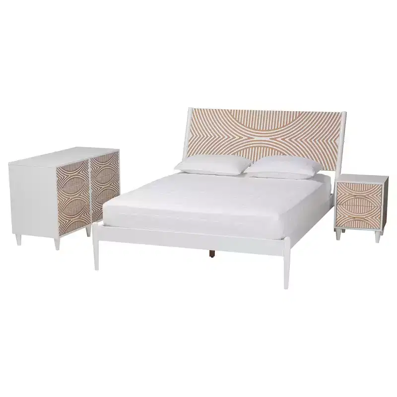 Ensemble de chambre à coucher 3 pièces Baxton Studio Queen Louetta sculpté contrastant blanc/marron naturel