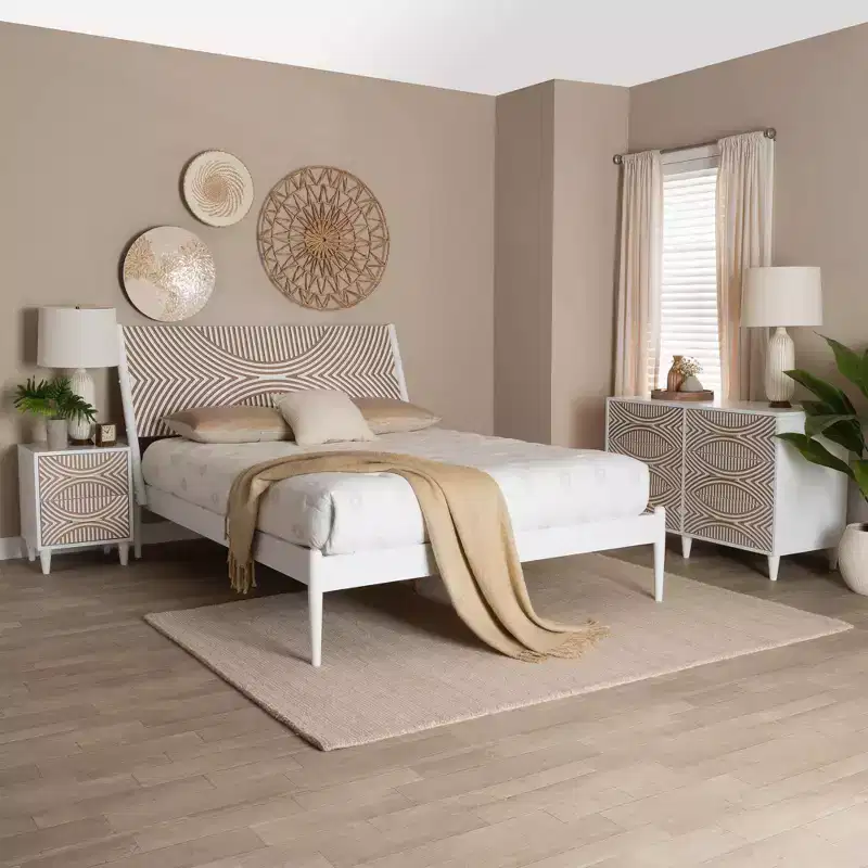 Ensemble de chambre à coucher 3 pièces Baxton Studio Queen Louetta sculpté contrastant blanc/marron naturel