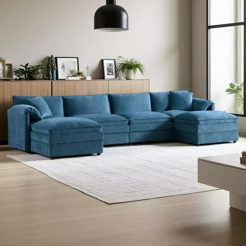 Canapé modulaire sectionnel en U 6 pièces en chenille Polibi avec deux poufs et des coussins à double couche