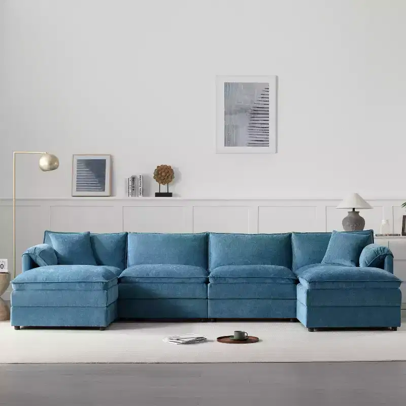 Canapé modulaire sectionnel en U 6 pièces en chenille Polibi avec deux poufs et des coussins à double couche