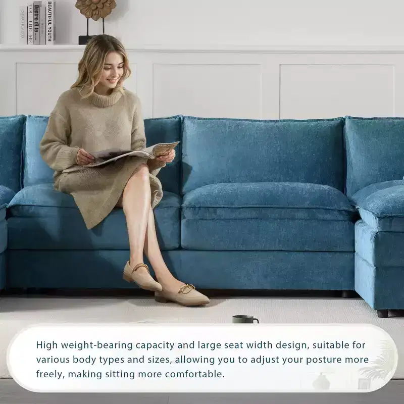 Canapé modulaire sectionnel en U 6 pièces en chenille Polibi avec deux poufs et des coussins à double couche