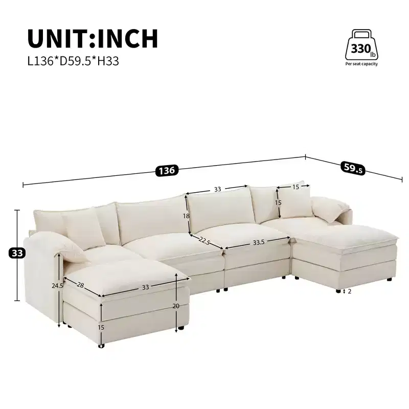 Canapé modulaire sectionnel en U 6 pièces en chenille Polibi avec deux poufs et des coussins à double couche