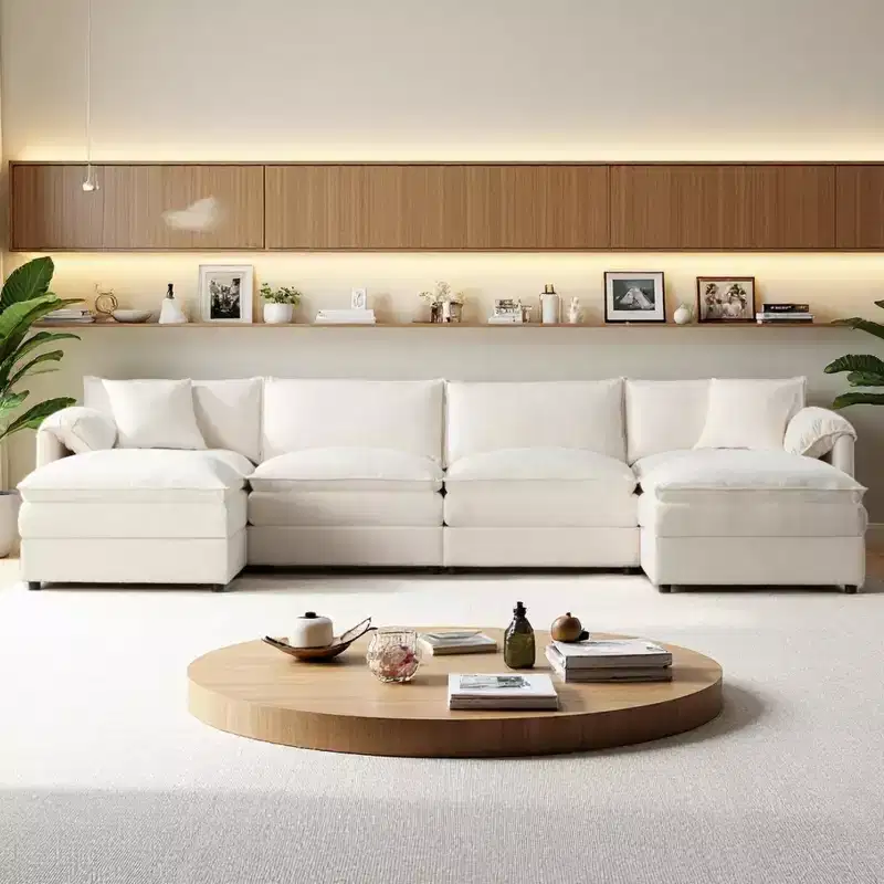 Canapé modulaire sectionnel en U 6 pièces en chenille Polibi avec deux poufs et des coussins à double couche